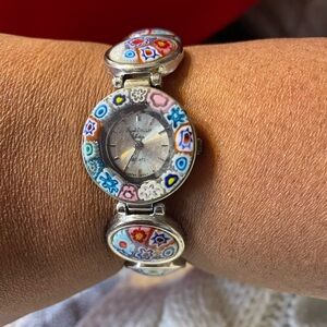 Vintage Marcel Druker Millefiori Floral Watch Bracelet.  7 inches. Silver Tone